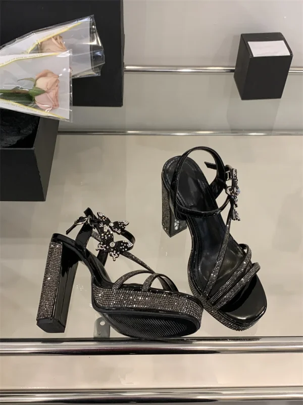 Crystal Designer Bowknot Square Toe Buckle Strap High Heels Pumps - Image 3