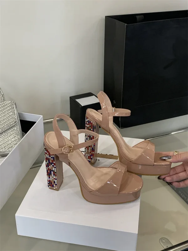 Crystal Designer Rhinestone Patent Leather Platform High Heels Sandals - Image 3