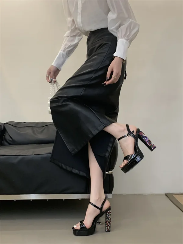 Crystal Designer Rhinestone Patent Leather Platform High Heels Sandals - Image 6
