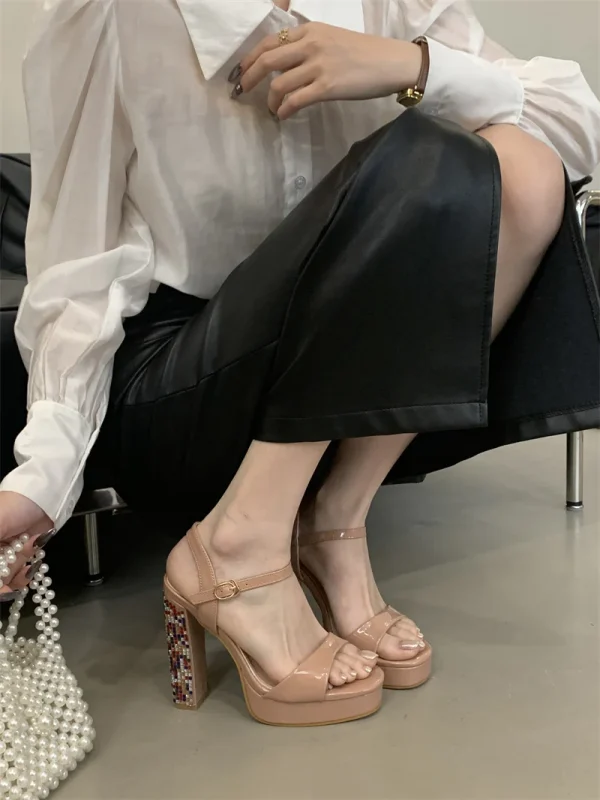 Crystal Designer Rhinestone Patent Leather Platform High Heels Sandals - Image 2