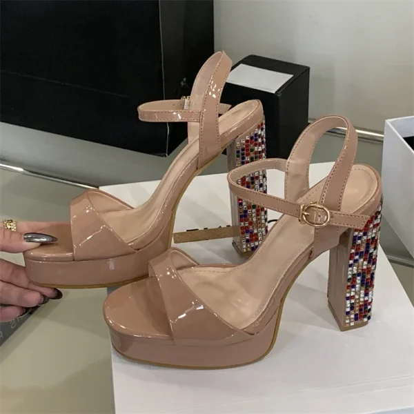 Crystal Gladiator Square Toe With Buckle Strap Platform High Heels Pumps - Image 4