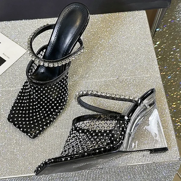 Crystal Mesh Square Toe Rhinestone Transparent Wedges Hollow Out High Heels - Image 7