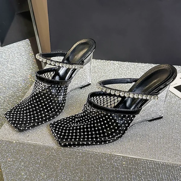 Crystal Mesh Square Toe Rhinestone Transparent Wedges Hollow Out High Heels - Image 6