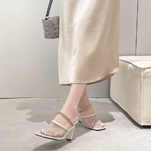 Crystal Mesh Square Toe Rhinestone Transparent Wedges Hollow Out High Heels - Image 2