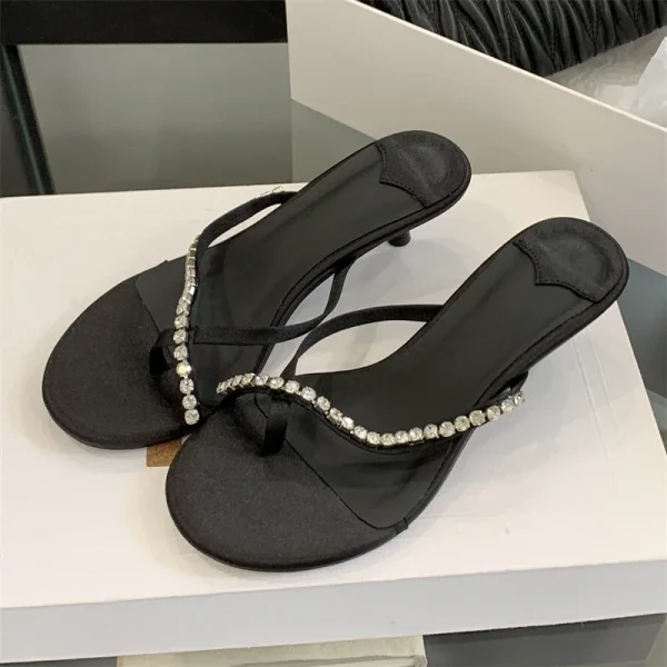 Crystal Narrow Band Clip Toe Low Flip Flops Slide Thin Heels Slippers - Image 10
