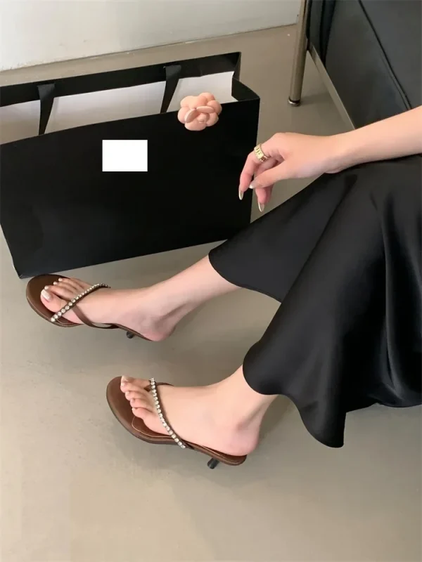 Crystal Narrow Band Clip Toe Low Flip Flops Slide Thin Heels Slippers - Image 12