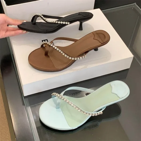 Crystal Narrow Band Clip Toe Low Flip Flops Slide Thin Heels Slippers - Image 16
