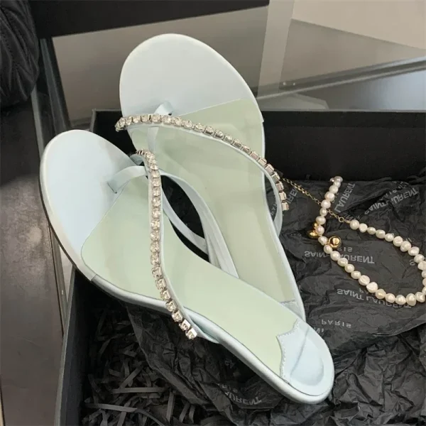 Crystal Narrow Band Clip Toe Low Flip Flops Slide Thin Heels Slippers - Image 5