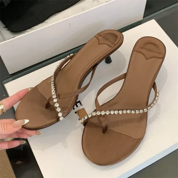 Crystal Narrow Band Clip Toe Low Flip Flops Slide Thin Heels Slippers - Image 14