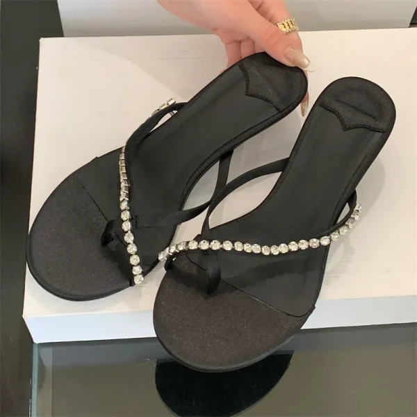 Crystal Narrow Band Clip Toe Low Flip Flops Slide Thin Heels Slippers - Image 9