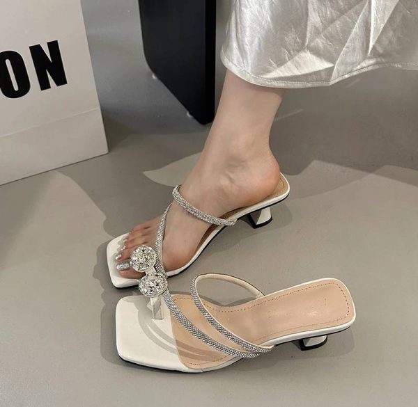 Crystal Narrow Band Street Style High Heel Slides Sandal - Image 9