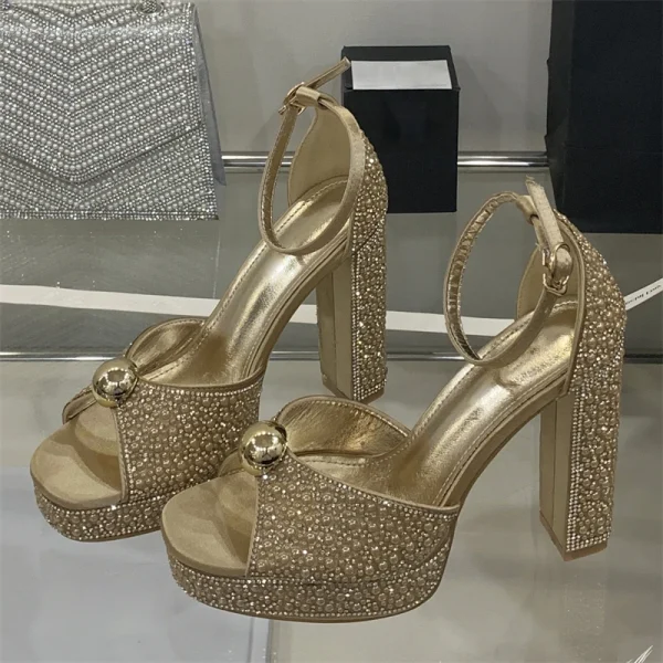 Crystal Pearl Buckle Strap Platform Square Toe Stripper High Heels Sandals - Image 10