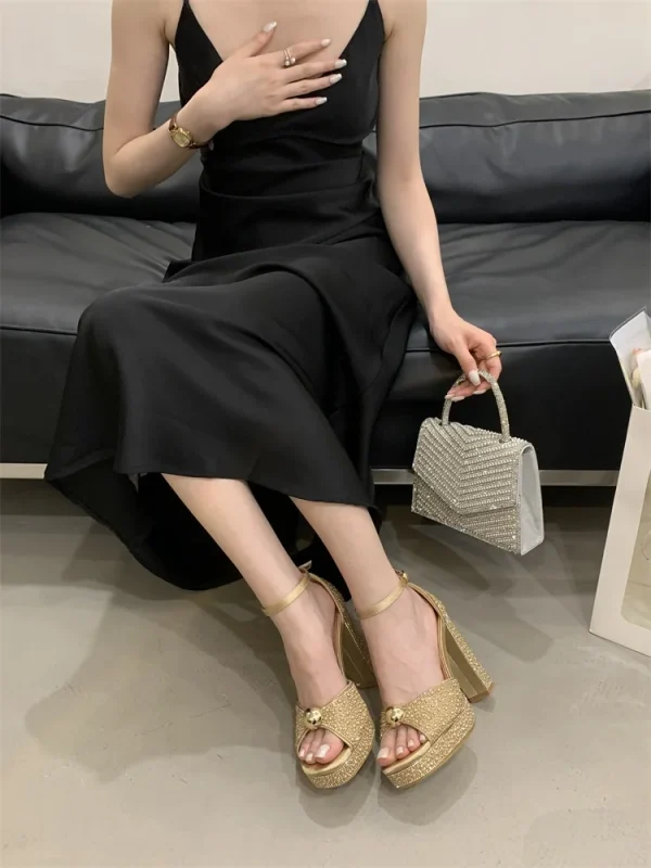 Crystal Pearl Buckle Strap Platform Square Toe Stripper High Heels Sandals - Image 7