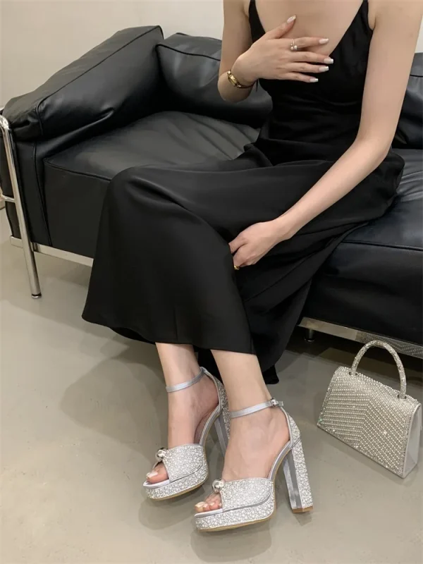 Crystal Pearl Buckle Strap Platform Square Toe Stripper High Heels Sandals - Image 2
