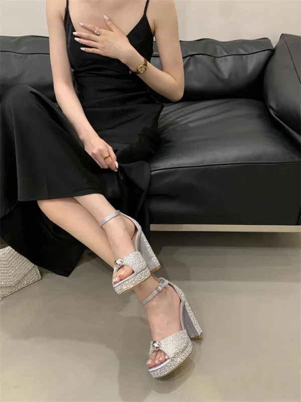 Crystal Pearl Buckle Strap Platform Square Toe Stripper High Heels Sandals