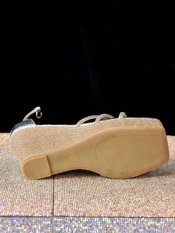 Crystal Peep Toe Buckle Strap Platform Wedge Super High Heel Sandals - Image 7