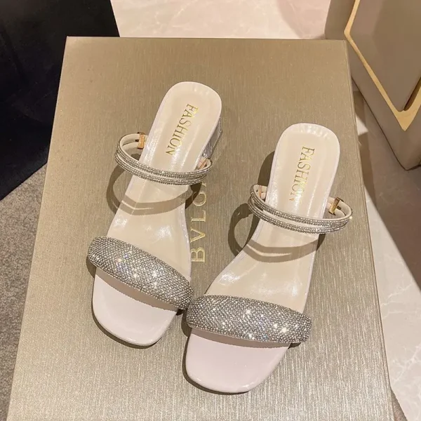 Crystal Rhinestone Stylish Open Toe Mules Square Heel Sandals - Image 2