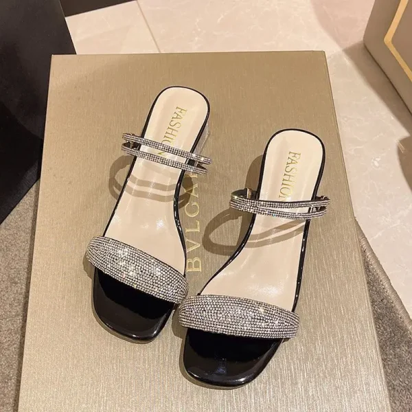 Crystal Rhinestone Stylish Open Toe Mules Square Heel Sandals - Image 5