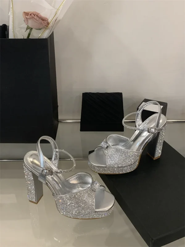 Crystal Rhinestone Wedding Party Square Toe High Heels Sandals - Image 7