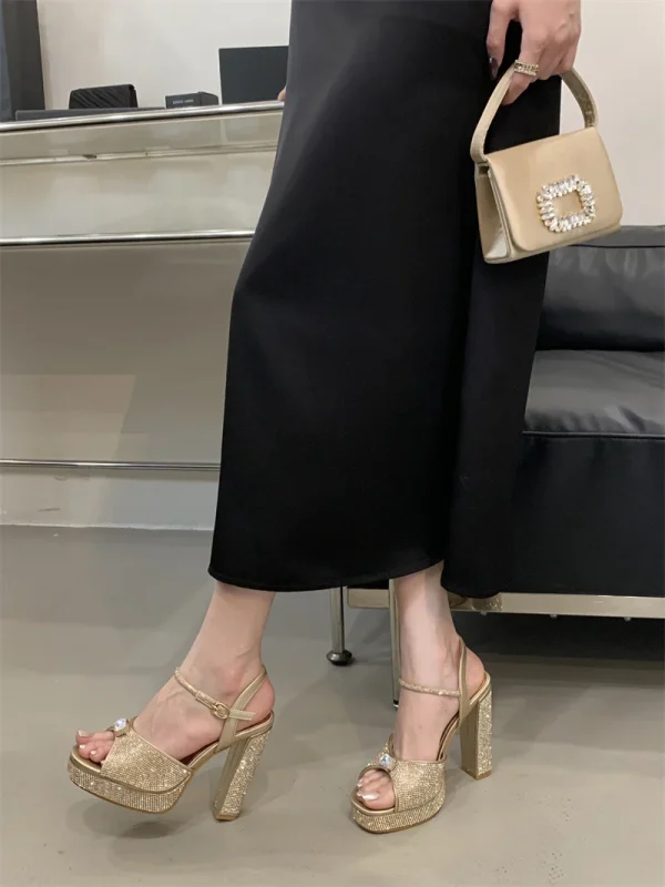 Crystal Rhinestone Wedding Party Square Toe High Heels Sandals