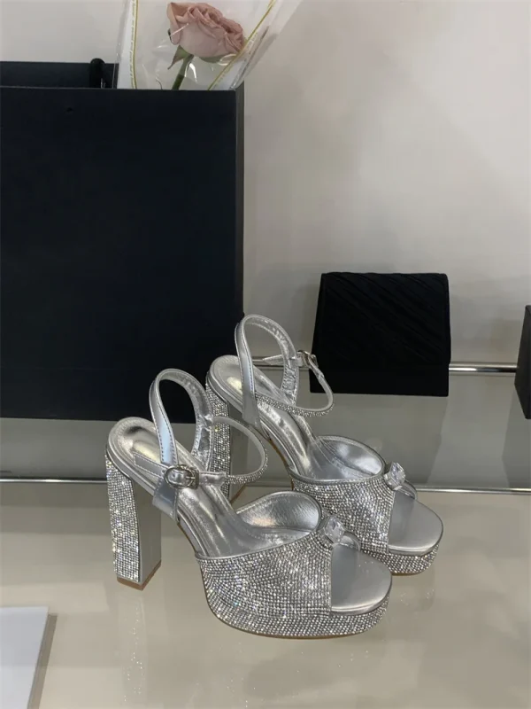 Crystal Rhinestone Wedding Party Square Toe High Heels Sandals - Image 8