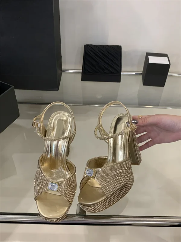 Crystal Rhinestone Wedding Party Square Toe High Heels Sandals - Image 4