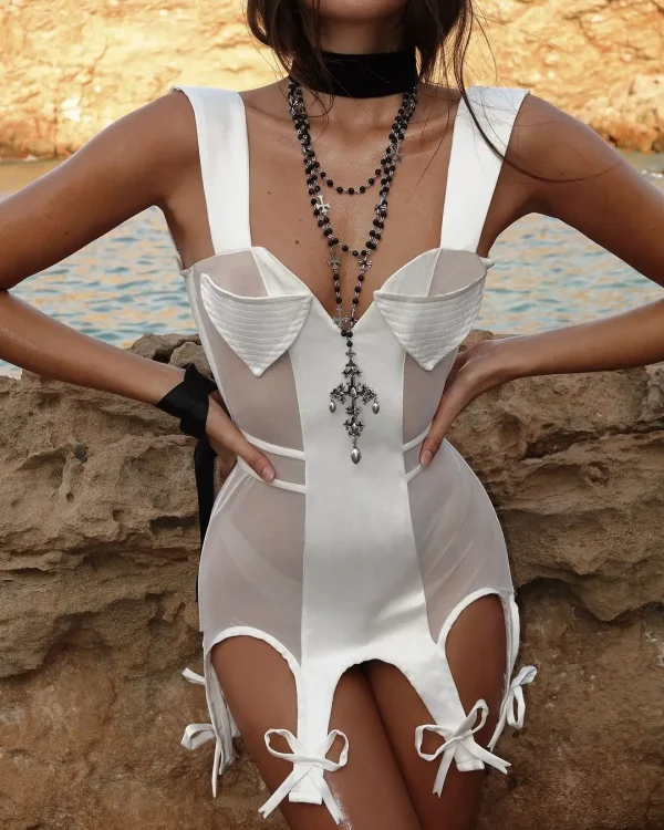 Deep V Neck Exclusive Design Corset Slip Bowknot Body Pocket Patchwork - Image 3