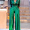 Deep V-neck High Waisted Three-Quarter Sleeves Solid Color Party Wide Leg Jumpsuits