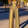 Deep V-neck High Waisted Three-Quarter Sleeves Solid Color Party Wide Leg Jumpsuits - Image 9