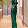 Deep V-neck High Waisted Three-Quarter Sleeves Solid Color Party Wide Leg Jumpsuits - Image 5