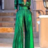 Deep V-neck High Waisted Three-Quarter Sleeves Solid Color Party Wide Leg Jumpsuits - Image 3