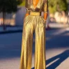 Deep V-neck High Waisted Three-Quarter Sleeves Solid Color Party Wide Leg Jumpsuits - Image 6