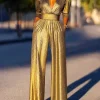 Deep V-neck High Waisted Three-Quarter Sleeves Solid Color Party Wide Leg Jumpsuits - Image 7