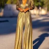 Deep V-neck High Waisted Three-Quarter Sleeves Solid Color Party Wide Leg Jumpsuits - Image 8