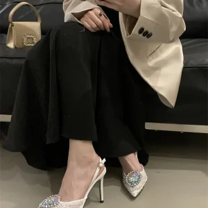 Design Crystal Diamond Silk Pointed Toe Sling-back High Heels Sandals