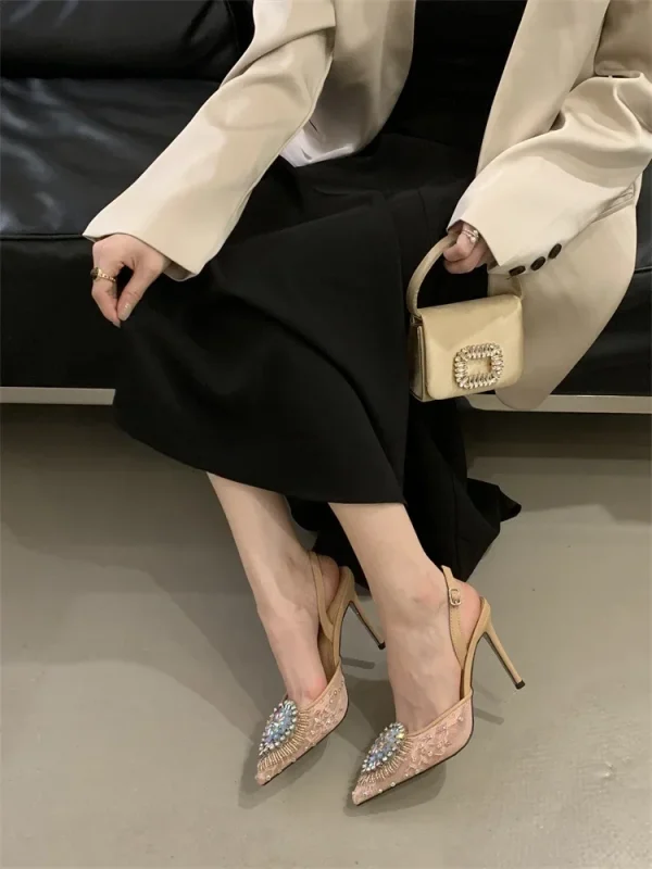 Design Crystal Diamond Silk Pointed Toe Sling-back High Heels Sandals - Image 5