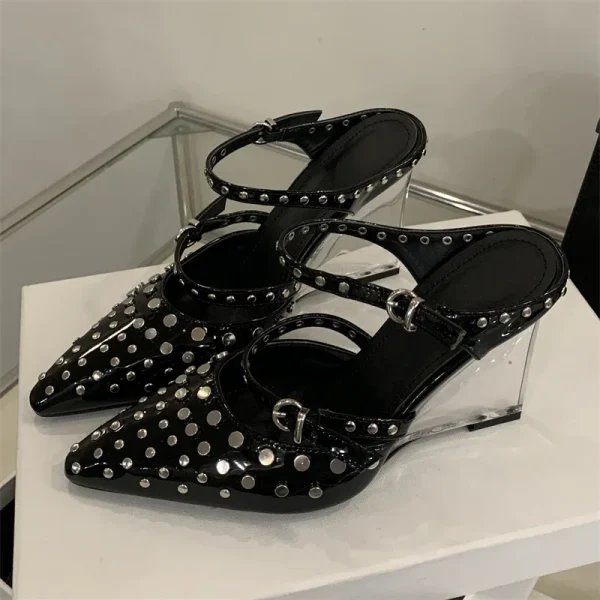 Design Rivet Crystal Wedges Narrow Band Buckle Strap High Heels Sandals - Image 7