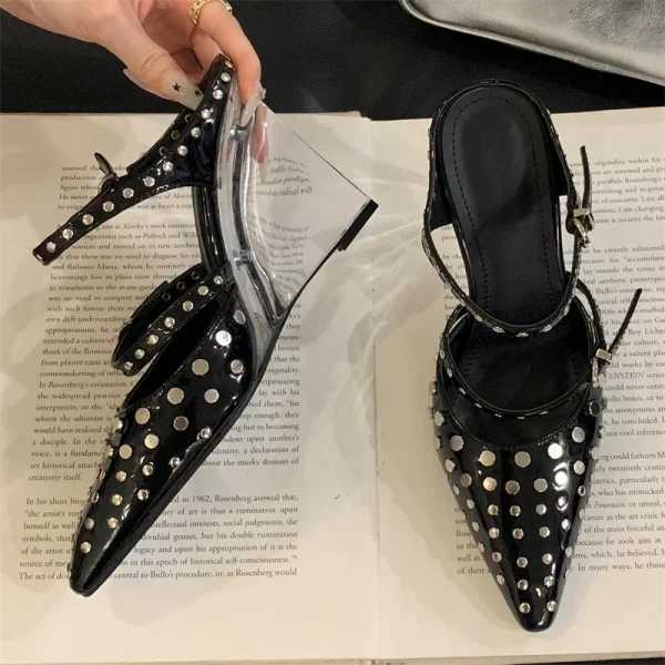 Design Rivet Crystal Wedges Narrow Band Buckle Strap High Heels Sandals - Image 6