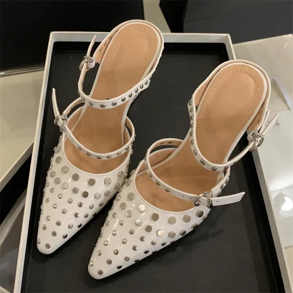 Design Rivet Crystal Wedges Narrow Band Buckle Strap High Heels Sandals - Image 3