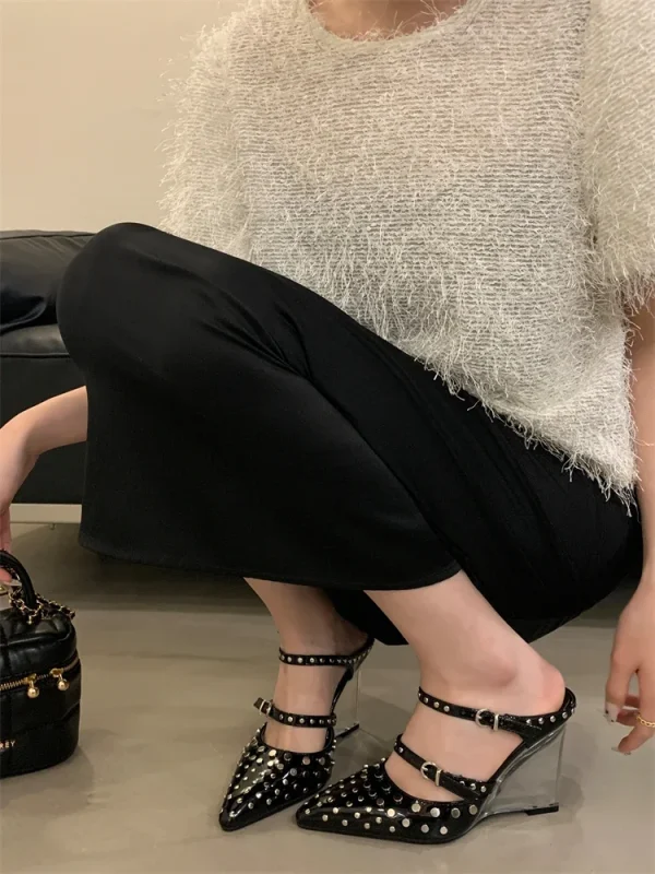 Design Rivet Crystal Wedges Narrow Band Buckle Strap High Heels Sandals - Image 5