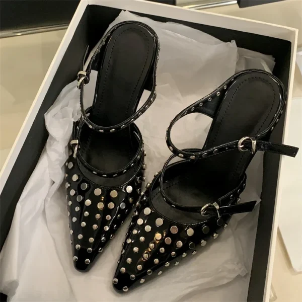 Design Rivet Crystal Wedges Narrow Band Buckle Strap High Heels Sandals - Image 8