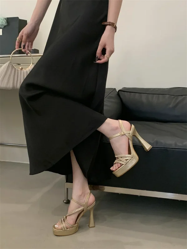 Designer Crystal Rhinestone Narrow Band Platform High Heels Sandals - Image 6