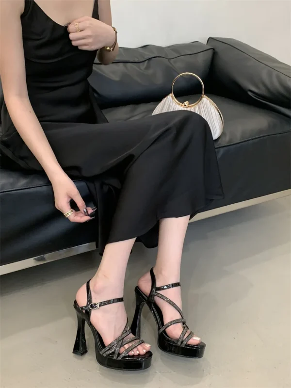 Designer Crystal Rhinestone Narrow Band Platform High Heels Sandals - Image 10