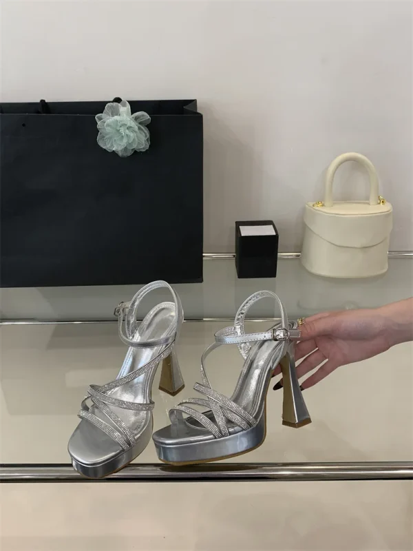 Designer Crystal Rhinestone Narrow Band Platform High Heels Sandals - Image 4