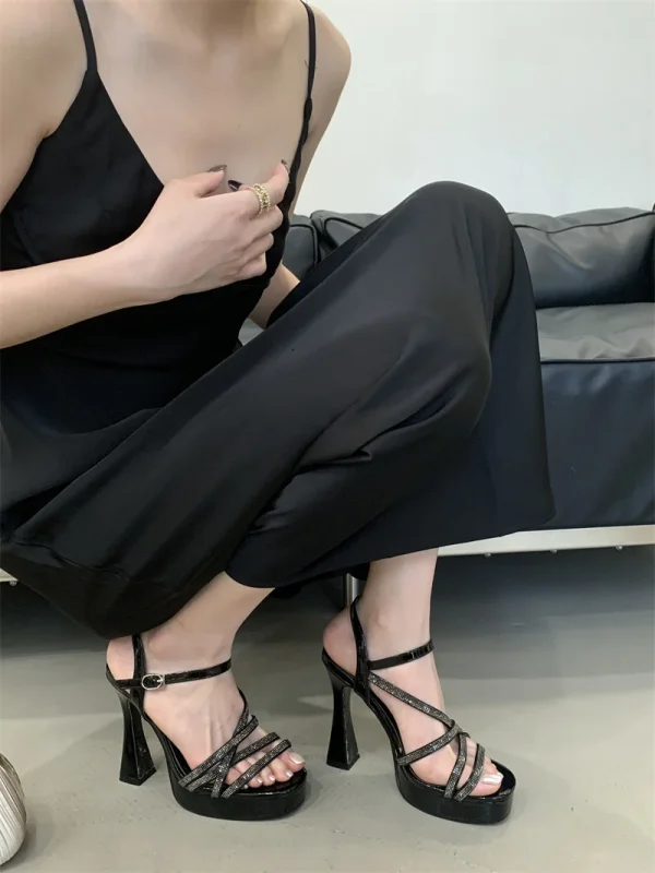 Designer Crystal Rhinestone Narrow Band Platform High Heels Sandals - Image 9