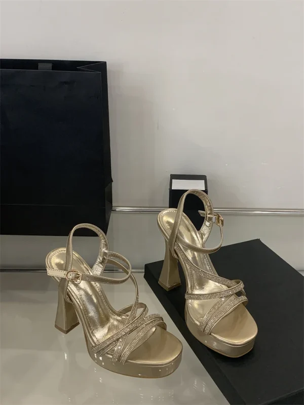 Designer Crystal Rhinestone Narrow Band Platform High Heels Sandals - Image 7