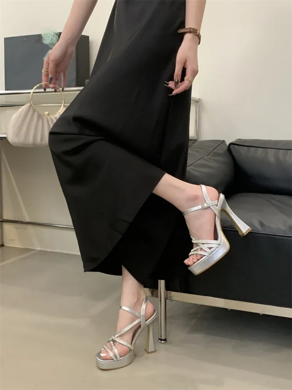 Designer Crystal Rhinestone Narrow Band Platform High Heels Sandals - Image 2