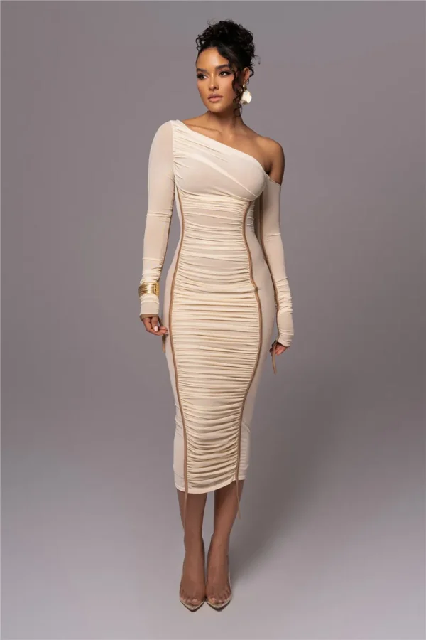 Diagonal Collar Long Sleeve Two Layer Mesh Backless Ruched Bodycon Midi Dress - Image 2