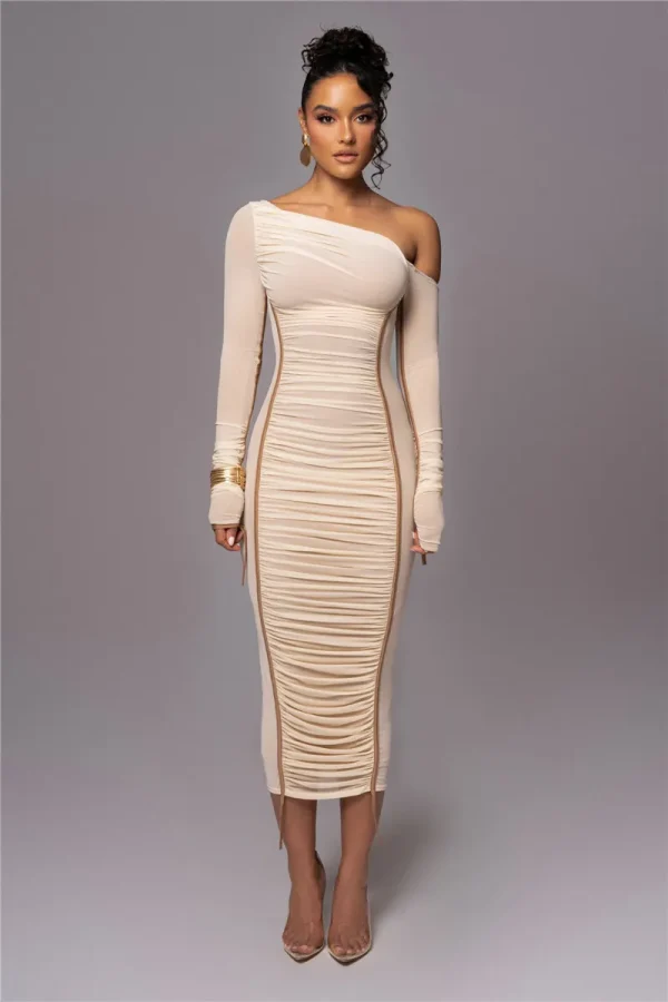 Diagonal Collar Long Sleeve Two Layer Mesh Backless Ruched Bodycon Midi Dress