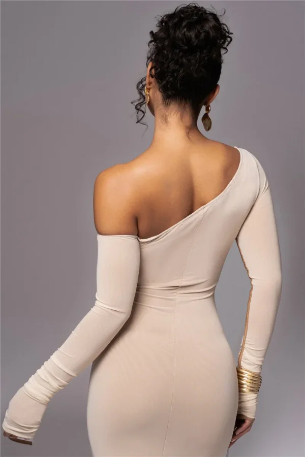 Diagonal Collar Long Sleeve Two Layer Mesh Backless Ruched Bodycon Midi Dress - Image 8